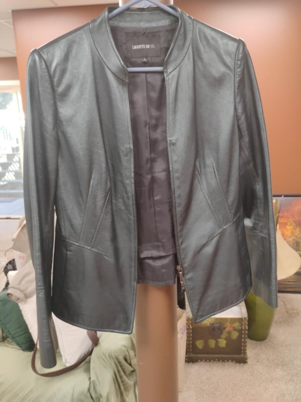 Lafayette 148 New York Forest Green 100% Leather Jacket Size 8 Luxury